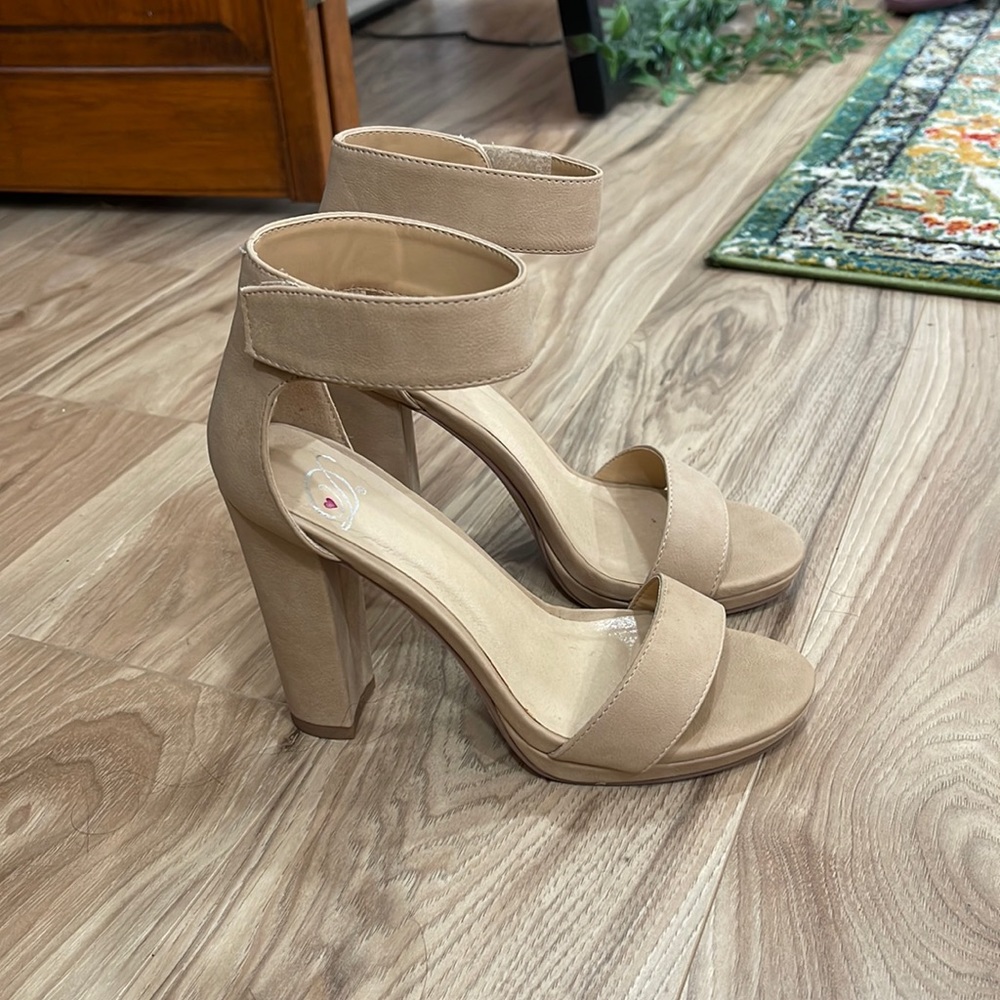 Nude Chunky High Heel Velcro Ankle Strap Sandals
